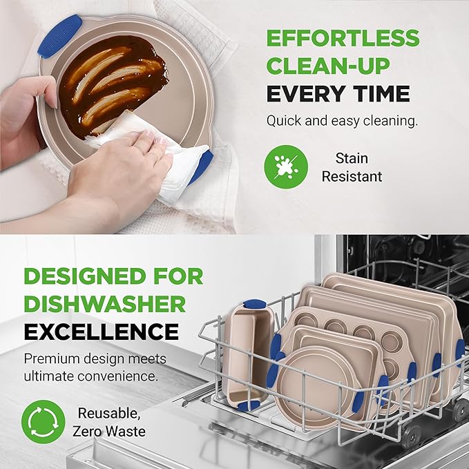 NutriChef 6-Piece Nonstick Bakeware Set - Premium Carbon Steel Baking Trays w/Heat-Safe Silicone Handles - Includes Loaf Pan, Muffin/Cupcake Pan, Round & Square Roaster Pans, Cookie Sheet - NCSBSG36