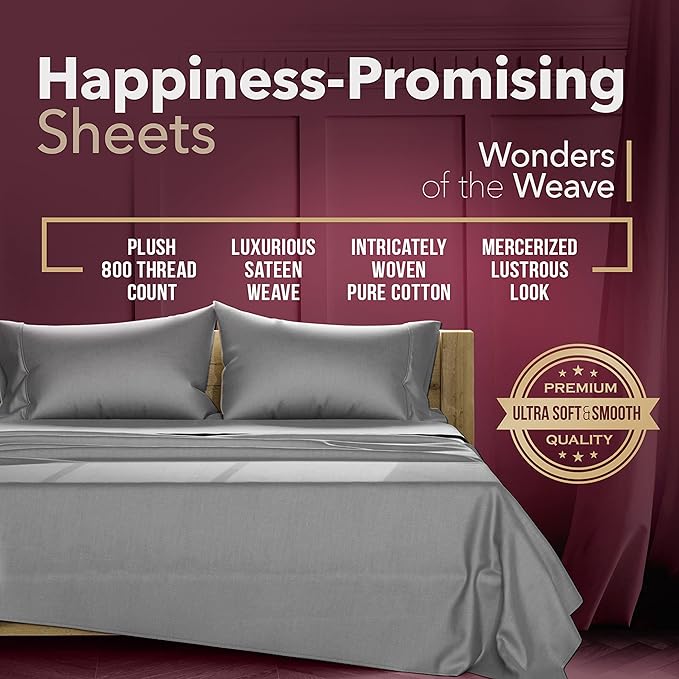 TEXAS LINEN CO. 800 TC Egyptian Cotton Sheets - 4 Piece Dark Grey Color Full Size Cooling Sheet for Hot Sleepers, Soft, Breathable Bedsheet, Luxury Hotel Sheets, Fits Mattress Upto 18'' DEEP Pocket