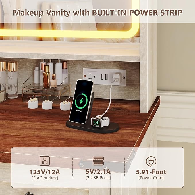 Farmhouse Makeup Vanity with Mirror and Lights 3 Colors, 76.8" Vanity Desk with 5 Drawer,Storage Cabinets,LED Light,Dressing Table with Power Outlets, Storage Shelves,Antique White