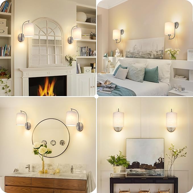 Battery Operated Wall Sconce Set of 2, Brushed Nickel Rechargeable Dimmable Wall Light Fixture Remote, 12 RGB Colors & Timer, Wireless Lamp White Shade