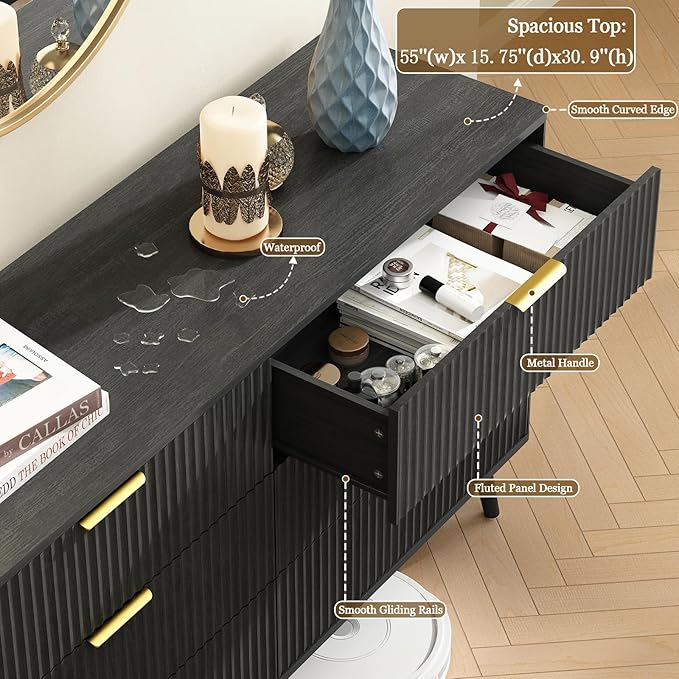 CARPETNAL Fluted 6 Double Drawers Dresser for Bedroom, 55”Wide Modern Chest of Drawers with Deep Drawers,Curved Profile Design, Wood Drawer Organizer for Living Room, Hallway, Black