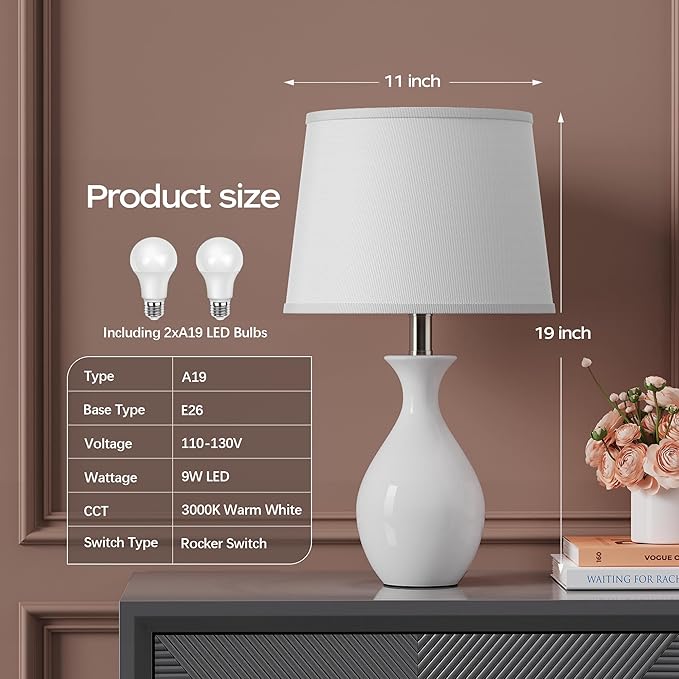PARTPHONER Table Lamp Set of 2, Modern Ceramic Bedside Lamps for Night Stands, Classic Small Lamp Nightstand Lamp for Bedroom Living Room Desk End Table Rocker Swtich White