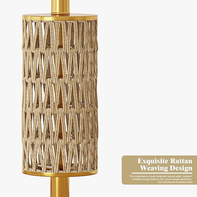 Oneach 62” Modern Floor Lamp for Living Room, Gold Boho Standing Lamp with Unique Rattan Design, Rotary Switch, Farmhouse Tall Lamps for Bedroom Office Dining Room (Without Bulb)