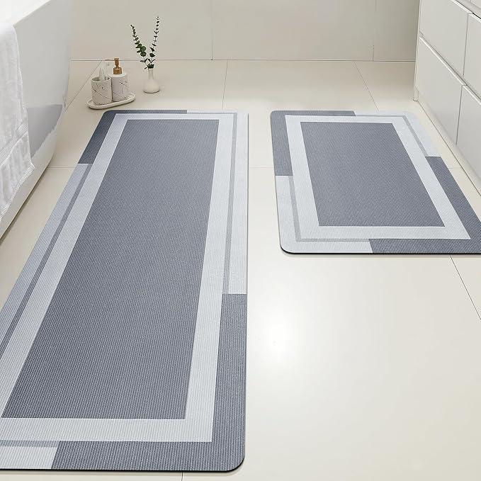 Ultra Thin Bath Mats Fit Under Door 2 piece, Upgrade Backing Non Slip Bath Mat, Quick Dry absorbent Bath Mat, Machine Washable Bathroom Rugs for Bathroom Floor, Bathtub, Kitchen, Grey, 24"x17"+48"x20"
