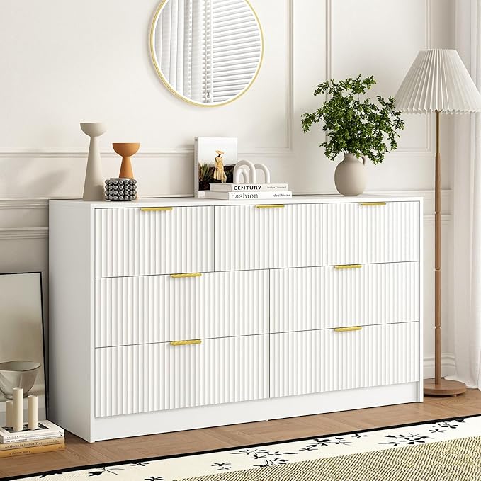 7 Drawers Dresser for Bedroom,55" Wide Fluted Dresser with Deep Drawers, Modern Chest of Drawers, Wood TV Stand Storage Organizer for Closet, Living Room, Hallway, White