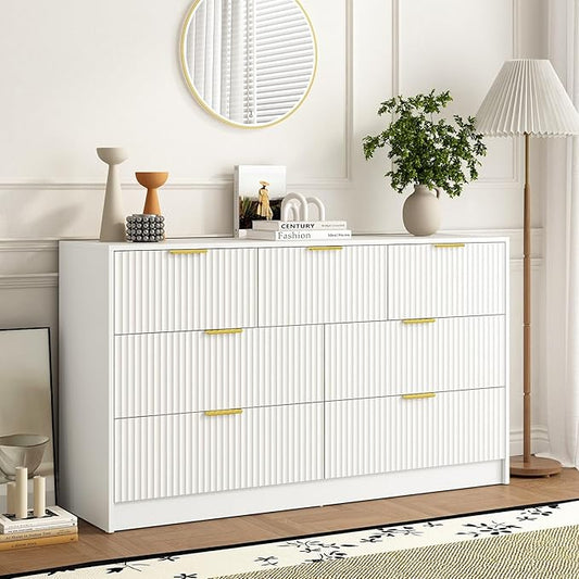 7 Drawers Dresser for Bedroom,55" Wide Fluted Dresser with Deep Drawers, Modern Chest of Drawers, Wood TV Stand Storage Organizer for Closet, Living Room, Hallway, White
