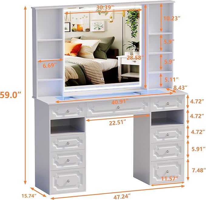 Vanity with Mirror and Light, Vanity with Glass Top and 9 Drawers, Dresser Set with Storage Bench, Adjustable Brightness Dresser (White, Glass Table-B)