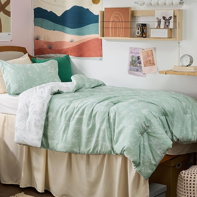 Bedsure Twin/Twin XL Comforter Set - Sage Green Bed Set, 2 Pieces Cute Floral Bedding, 1 Soft Reversible Botanical Flowers Comforter and 1 Pillow Sham