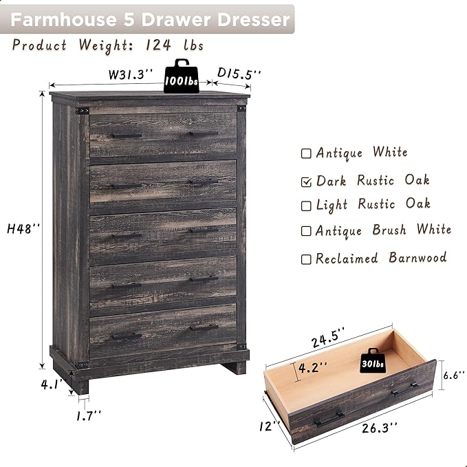 T4TREAM Farmhouse 5 Drawers Dresser for Bedroom, 48" Tall Wood Chest of Drawers w/Natural Texture & Metal Handle, Rustic Storage Dressers Organizer for Living Room, Hallway, Dark Rustic Oak
