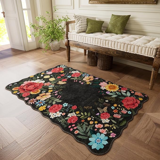 Floral Washable Area Rug 3'x5' Non Slip Boho Vintage Low Pile Soft Carpet for Living Room, Dining Room, Bedroom High Traffic Areas Indoor Rug for Bathroom, Entryway Decor (Black