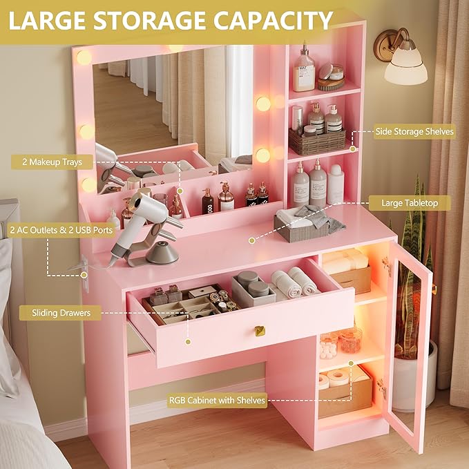 Vanity Desk with Mirror and Lights, Small Makeup Vanity Table with RGB Storage Cabinet & Power Strips & Shelves, 3 Lighting Modes & Adjustable Brightness, Dressing Table for Women Girls Bedroom, Pink