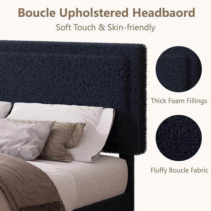 Full Size Boucle Bed Frame, Upholstered Platform Cloud Bed Frame with Headboard, Soft Teddy Fabric, Modern Style, No Box Spring Required, Easy Assembly, Blue-Black
