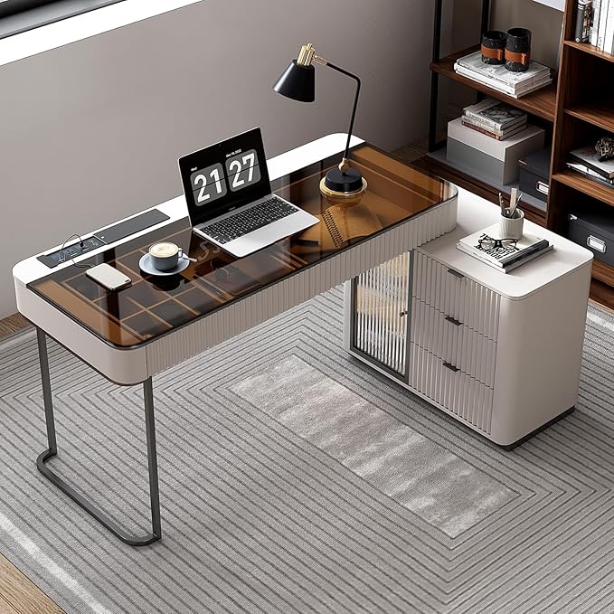 Lartis Office Desk, Very Easy to Assemble, Computer Desk, Home Telescopic Writing Desk, Modern Computer Desk with Retractable Cabinet Built-in LED Lights (Ivory, 47 in)