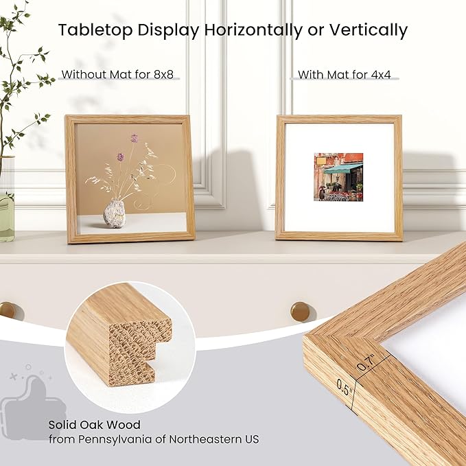 Axeman 8x8 Solid Oak Wood Picture Frame With Mat - 4x4 | Plexiglass & Hanging Hardware Included - Natural, 3 PCs