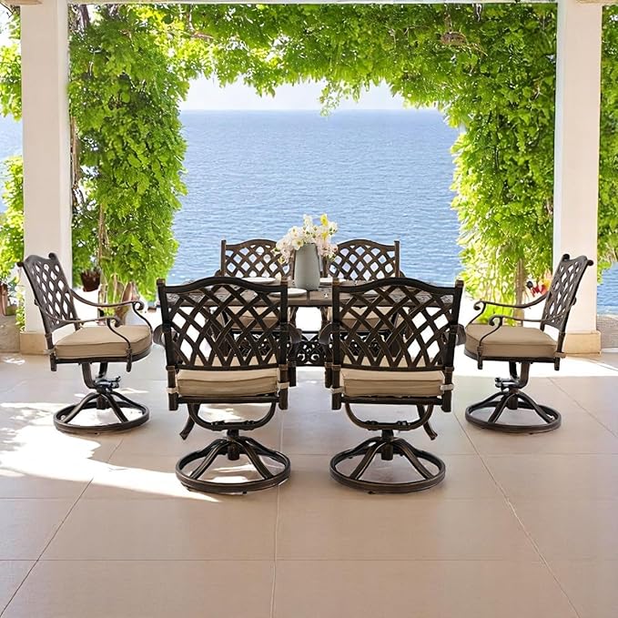 7 Piece Outdoor Dining Set Cast Aluminum Retro Patio Dining Set for 6 Includes 59” Rectangular Table 6 Swivel Chairs with Thicker Cushions and Umbrella Hole for Patio Deck Garden