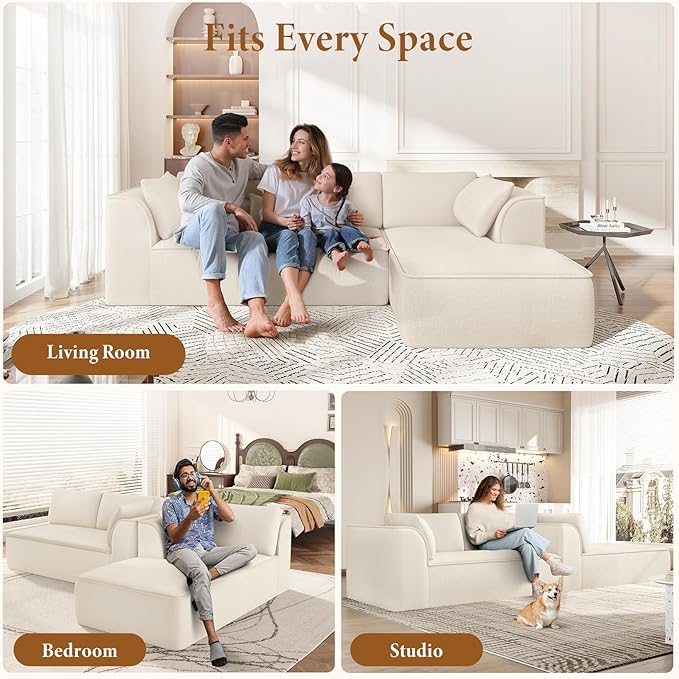 Vesgantti 106" Cloud Sectional Couch with Chaise, Deep Seat Modular Sectional Sofa Chenille Memory Foam Sofa Boneless Couches for Living Room Bedroom, No Assembly Required (Beige, Right-Facing Chaise)