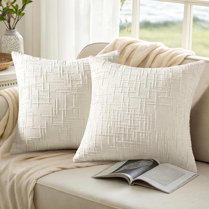 decorUhome Fall Cream White Chenille Throw Pillow Covers 18x18 Set of 2 Thick Textured Slubby Couch Pillow Covers Farmhouse Accent Modern Neutral Decorative Pillow Cases for Bed Sofa Living Room