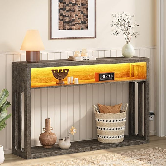 FAVOOSTY Farmhouse Console Table with Storage, 47" 2-Tier Entryway Sofa Table with Led Light Behind Couch Table Hallway Stand for Living Room, Hallway, Foyer - Gray