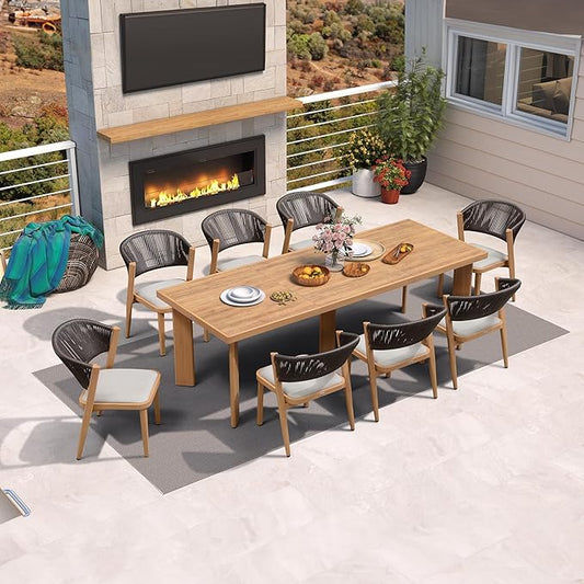 PURPLE LEAF 8-Piece Patio Dining Set Outdoor Furniture Rectangular Table and Chairs Set with Aluminum Frame and Teak-Finish for Garden Deck Backyard Kitchen Sunlit Teak Outdoor Set