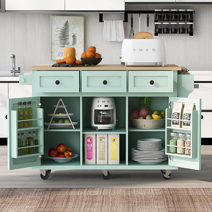 Kitchen Island Cart with Drop-Leaf Cabinet Door Internal Storage Rack 5 Wheels 3 Drawers for Kitchen, Dining Room, Bathroom 53.1" W*29.5" D*37.2" H Mint Green