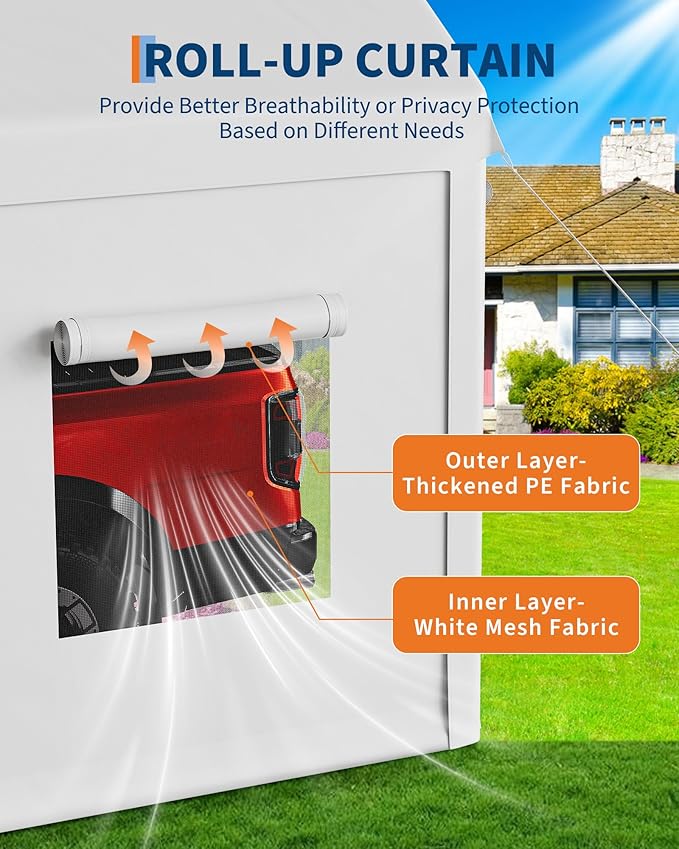 Garvee 10x20 Carport Canopy, Heavy Duty Car Port with Waterproof Tarp, Roll-Up Windows & Doors, Outdoor Portable Garage with Removable Sidewalls, for Car, Boat, Truck, Motorcycle, White