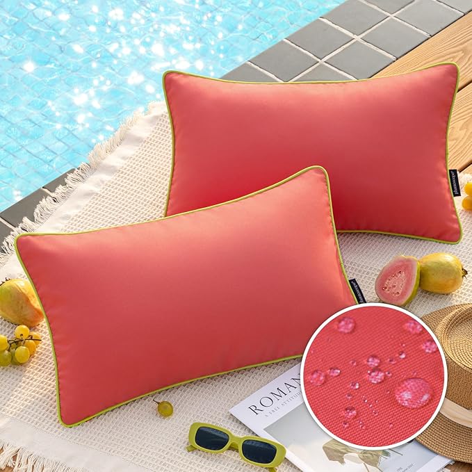 Phantoscope Pack of 2 Outdoor Waterproof Throw Pillow Covers with Contrast Piping, Decorative Square Cushion Case Patio Pillows for Couch Tent Sunbrella, Rose Pink 12x20 inches