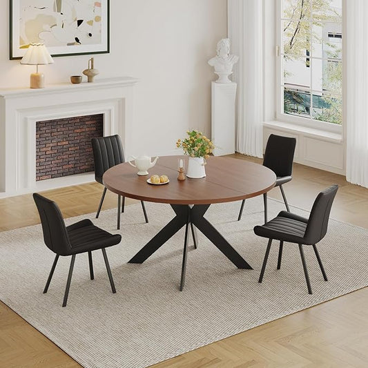 45.3" Walnut Round Dining Table Set with 4 Chairs – Mid-Century Modern Small-Space Kitchen & Dining Room Furniture for Apartment or Breakfast Nook (Boxwood – Table + 4 Black Chairs)
