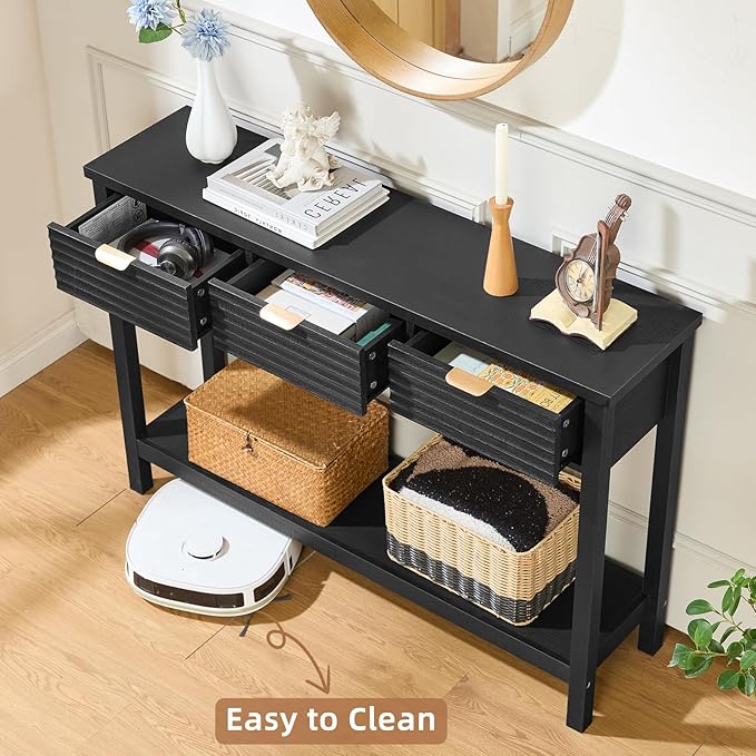 LEYAOYAO Fluted 47.2" Console Table with 3 Drawers, Modern Wood 2 Tier Entryway Table with Open Storage Shelf, Boho Sofa Entry Tables Behind Couch for Living Room, Hallway, Entrance Foyer, Black Oak