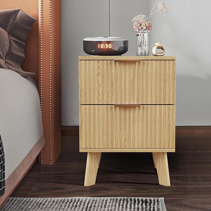 Fluted 2 Drawer Small Dresser for Bedroom, Mid Century Modern Nightstand with Drawers, Low Bedside Table with Drawers, End Table Short Storage, Living Room, Dorm -Natural