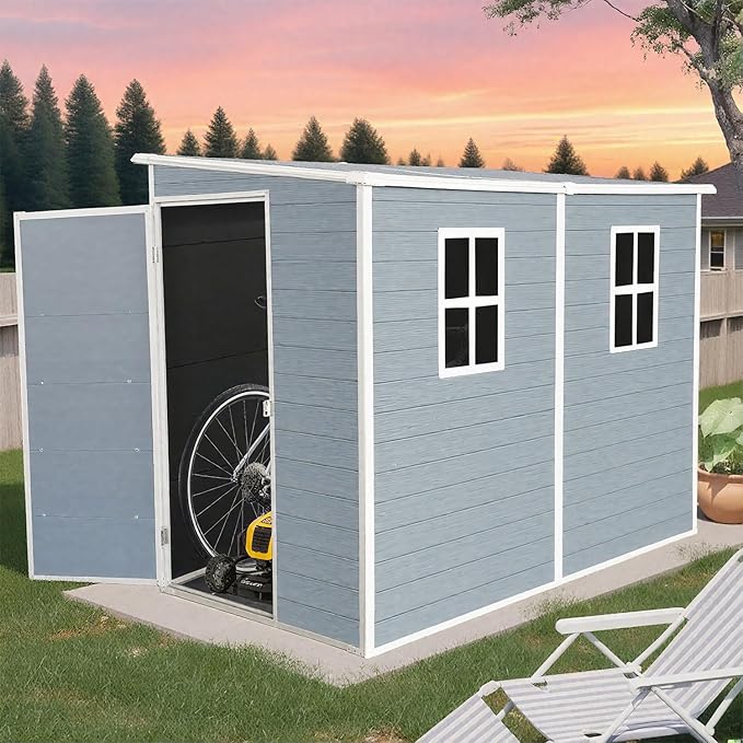 4x8 FT Outdoor Storage Resin Shed with Floor, Waterproof Plastic Garden Tool Shed with Windows, Vents & Lockable Door and Sloped Roof, Easy to Assemble Bike Shed for Patio, Backyard, Lawn, Grey