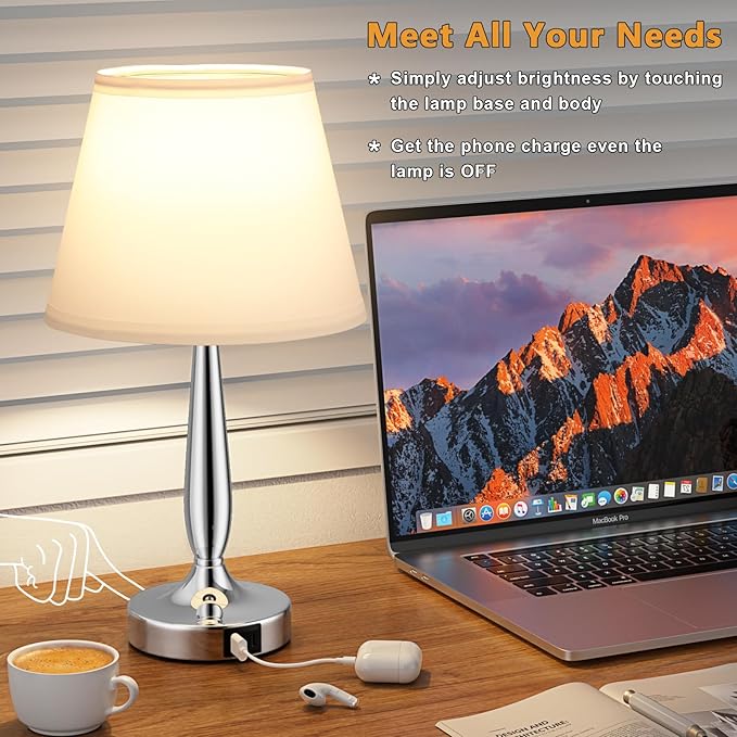 Kakanuo Touch Table Lamp for Bedroom, Small Bedside Lamp with USB C Charging Port, 3 Way Dimmable Touch Control Nightstand Lamp for Living Room and Office, White Shade and Silver Base