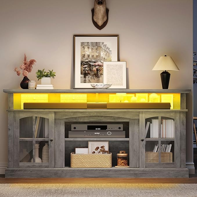 YITAHOME LED Farmhouse TV Stand for 75 Inch w/Outlets, Modern Entertainment Center with Glass Doors and Adjustable Storage Shelves, Media Console TV Cabinet for for Living Room, Grey