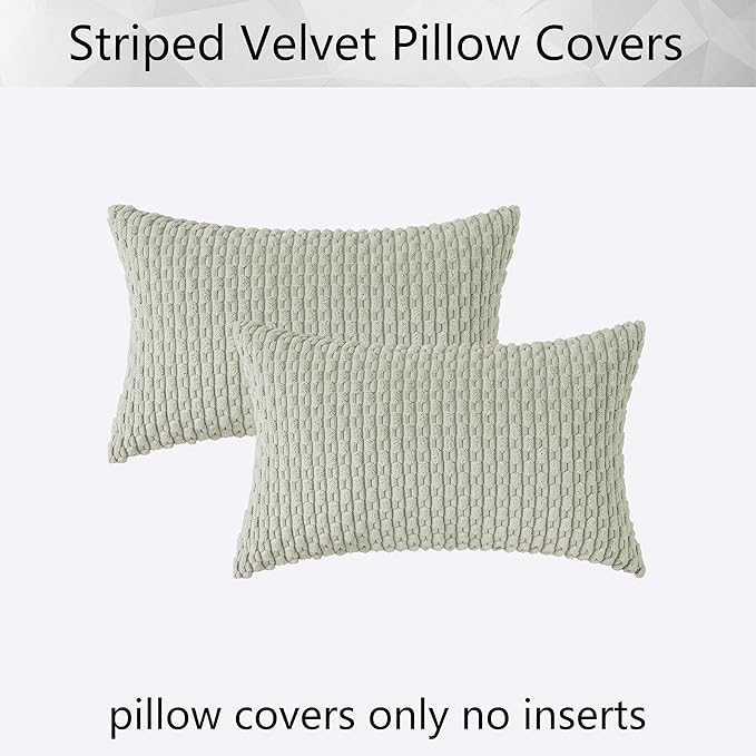 Kevin Textile Pack of 2 Corduroy Decorative Throw Pillow Covers 12x20 Inch Spring Soft Boho Striped Pillow Covers Modern Farmhouse Home Decor for Spring Sofa Living Room Couch Bed Light Green