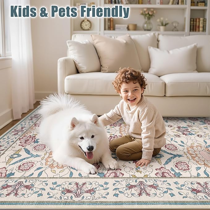 Nursery Rug 10x14 for Kids & Girls - Washable Vintage Large Floral Area Rugs - Ultra Thin Stain Resistant Non Slip Carpets for Kids Playroom, Living Room, Bedroom, Dining Room, Office - Floral Multi