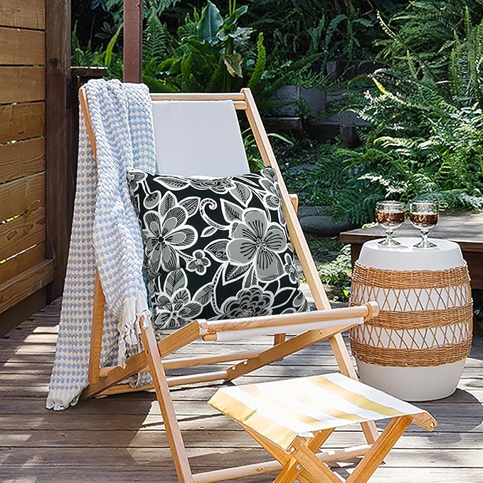 Outdoor Pillows for Patio Furniture 20x20 inch, Square Outdoor Throw Pillows with Inserts, Decorative Patio Pillows for Garden Couch Home Sofa Office Chair, Pack of 2,Flower Black