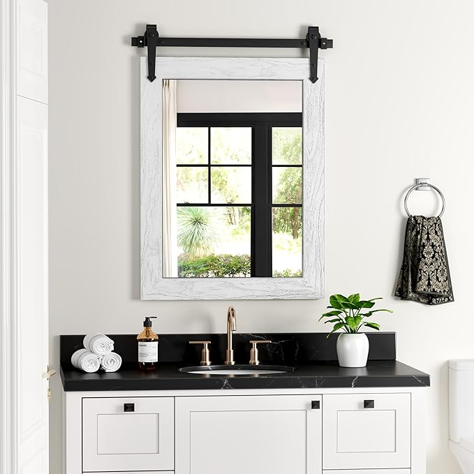 Farmhouse Bathroom Mirror for Over Sink 22”*32”, Barn Door Mirror, Rustic Wall Mirror for Bathroom White, Living Room, Entryway