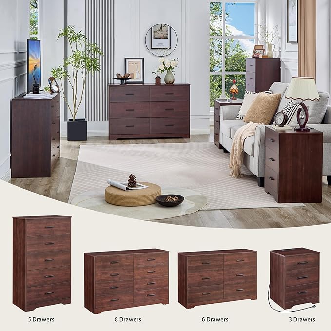 LIDYUK Dresser for Bedroom, Wood Dresser with 3 Drawers, Modern Minimalist Dressers & Chests of Drawers, 21 Inches Side Table Nightstand with Charging Station for Bedroom, Dark Cherry
