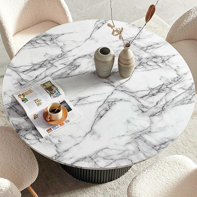 47" Round Kitchen Dining Table Set for 4, Two-Part White Marble Tabletop with Wood Strips, Industrial Home Kitchen Table Set with Off White Sherpa Barrel Dining Accent Side Chairs Comfy