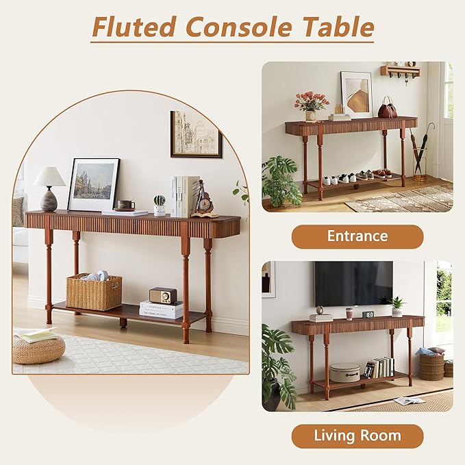 63”Console Table with 2 Drawers,Retro Entryway Table with Fluted Panel & Storage Shelf,Narrow Long Behind Couch Tables Accent Sofa Table with Solid Wood Legs for Living Room Foyer Hallway(Walnut)
