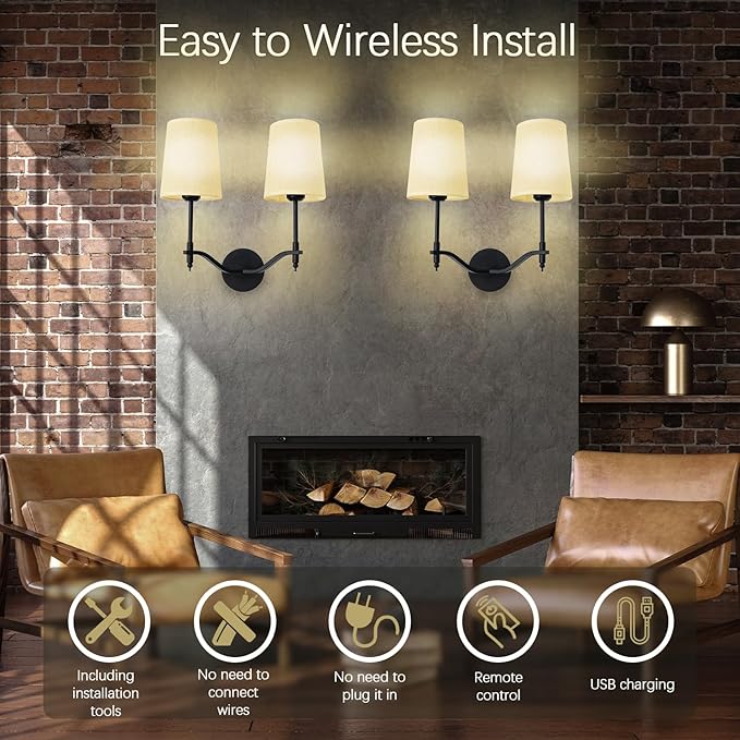 Wall Lights Battery Operated Wall Sconces 2-Light, Black Rechargeable Wall Sconce with 15 RGB Dimmable Detachable Bulbs and Remote, Wireless Battery Powered Wall Lamp for Living Room Bedroom