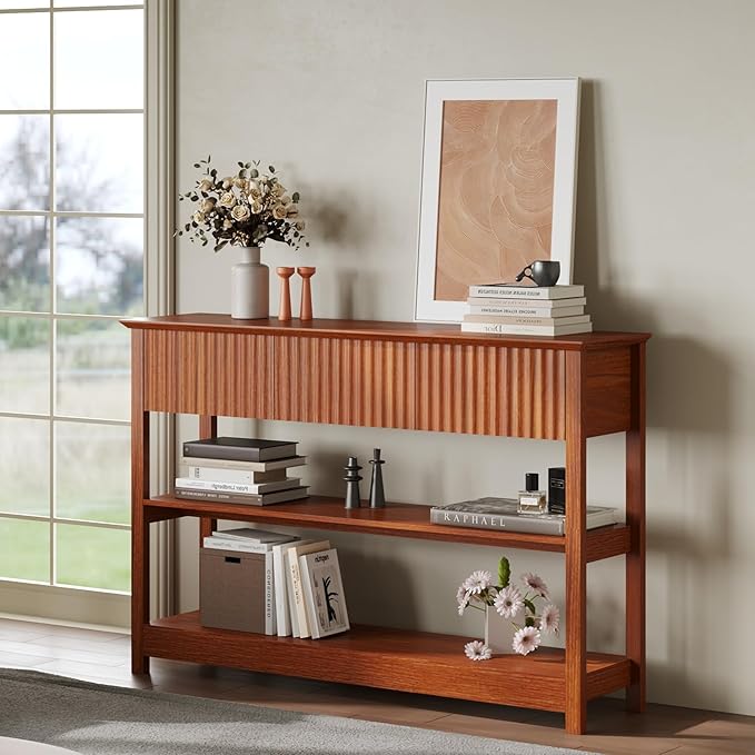 Treocho 47" Console Tables for Entryway, Fluted Entryway Table with Drawers and Shelves, Narrow Sofa Table Behind Couch Table for Entrance, Hallway, Living Room, Cherry Brown