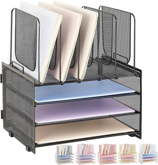 Desk Organizers and Accessories, 3-Tier Paper Organizer with 5 Vertical File Holders, File Folder Organizer (Black, 3T)