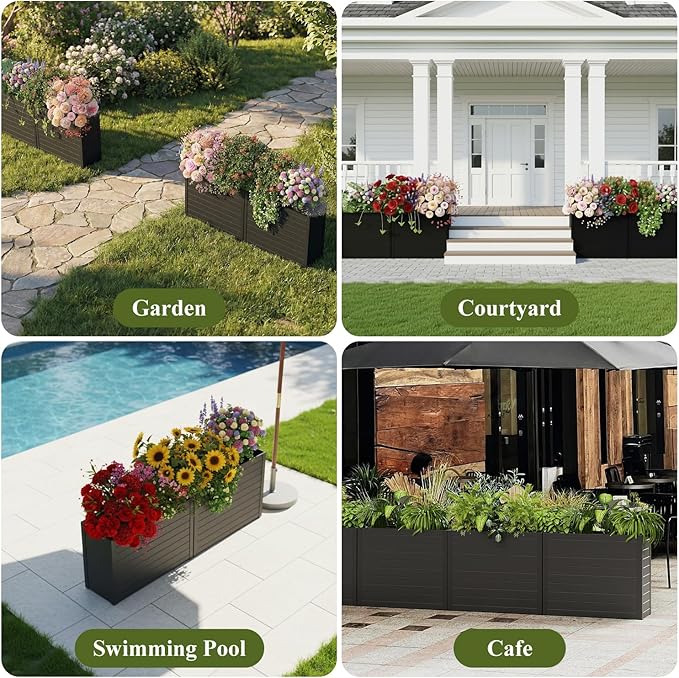 Outdoor Planter Box, Large Rectangular Planter with Removable Drip Tray, Suitable for Indoor or Outdoor Patios/Porches, Ideal for Planting Plants, Flowers, and Gardening (Black)