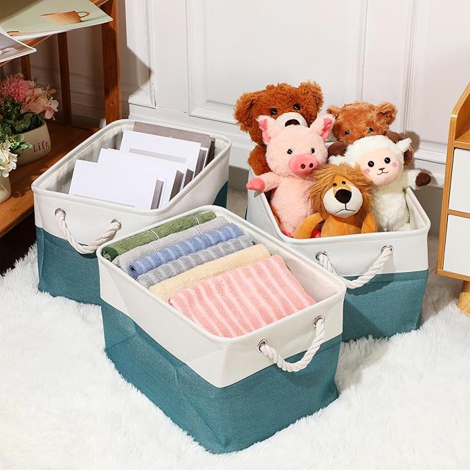 meekoo 8 Pack Collapsible Storage Bins Fabric Storage Bins Polyester Fabric Baskets with Handles Linen Closet Organizer for Shelf Home Closet Towels Toys(15 x 11 x 9.5 in,Cyan White)