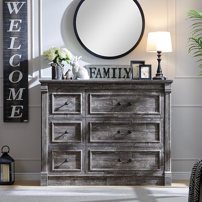 Farmhouse 6 Drawers Dresser for Bedroom, 48" Wide Large Dressers & Chests of Drawers w/Roman Column, Storage Dressers Organizer for Bedroom, Hallway, Living Room, Light Grey