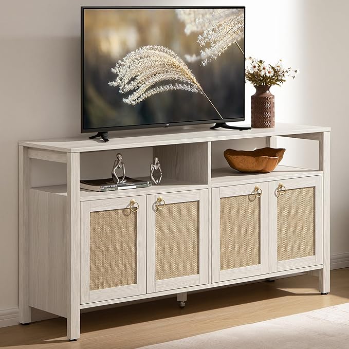 SICOTAS Rattan TV Stand for Television up to 65 Inch - 29.5" Tall Entertainment Center with Storage and Open Shelves,Boho Credenza TV Console Cabinet with 4-Doors and Adjustable Shelf for Living Room