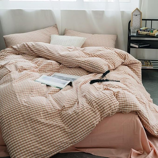 mixinni Pink Gingham Comforter Set Queen, Plaid Comforter Set 3 Pieces 1 Pink Grid Comfoter with 2 Pillow Cases for All Seasons, Soft Fluffy Modern Grid Pattern Printed Bedding-Queen Size