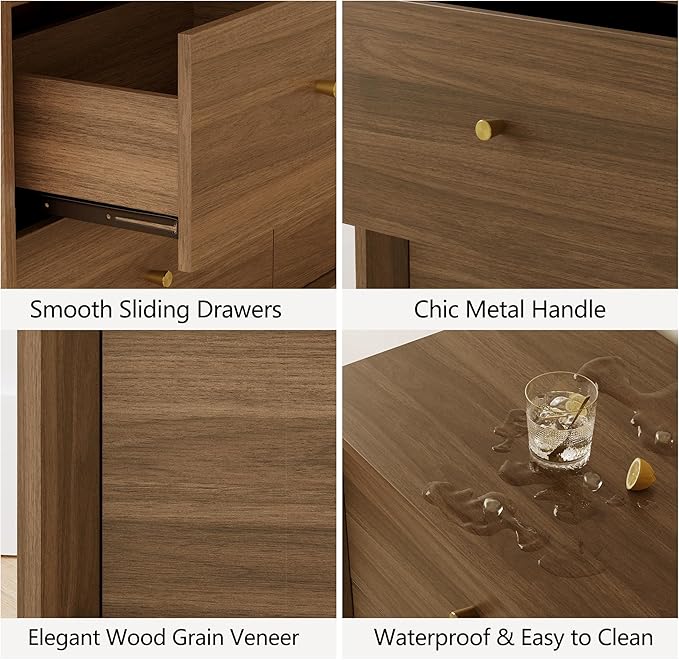 Mid Century Modern Dresser, 6 Drawer Dresser with Storage, 47" Wide Chest of Drawers with Wood Grain Texture, Drawers Organizer for Bedroom, Living Room, Hallway, Walnut