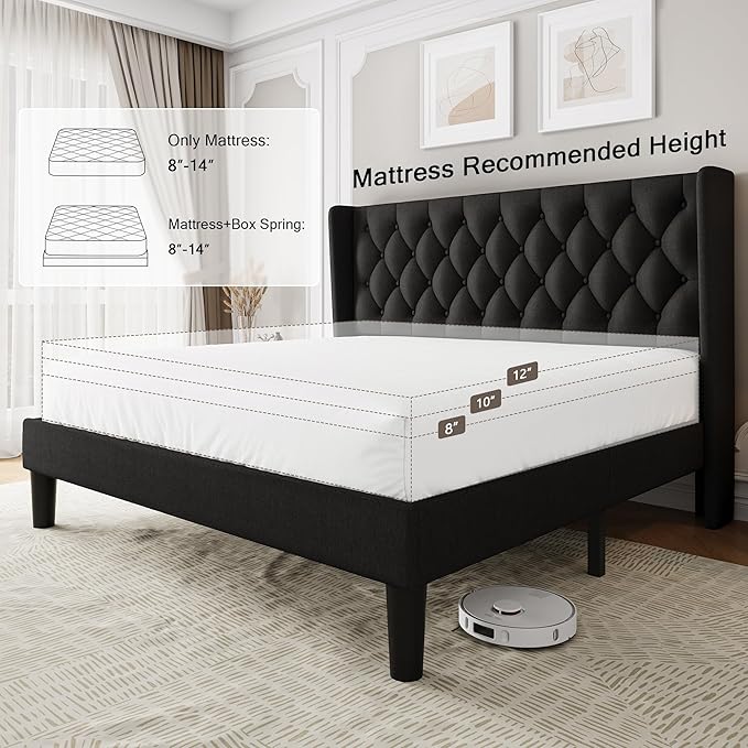 King Size Upholstered Bed Frame with Wingback Headboard, Fabric Linen Platform Bed, 8" Under Bed Storage, Wooden and Metal Slats Support, No Box Spring Needed, Black