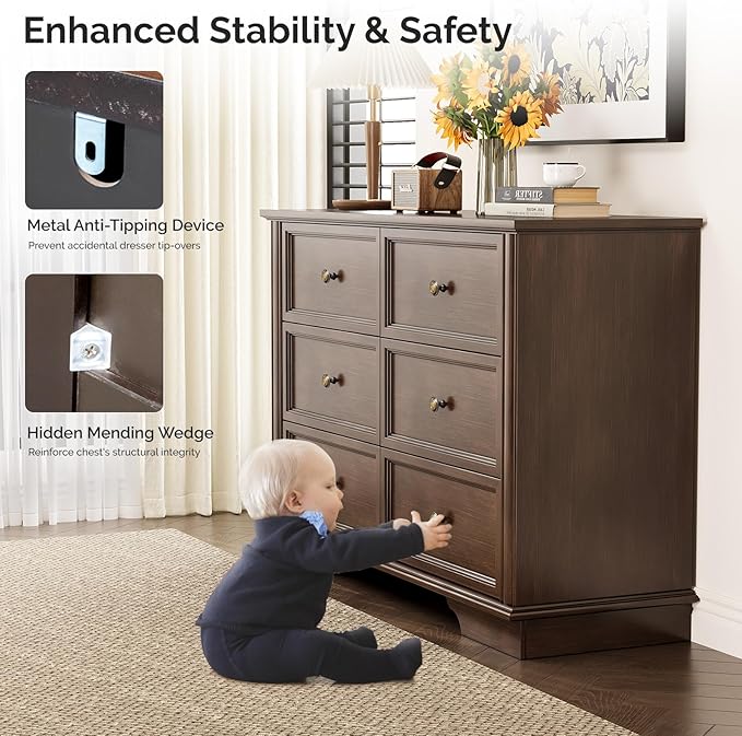 VINGLI Wood Dresser 6 Drawer, Brown Dresser for Bedroom, Vintage Dressers, Chest of Drawers for Living Room, 47.24" W*15.75D*31.5" H